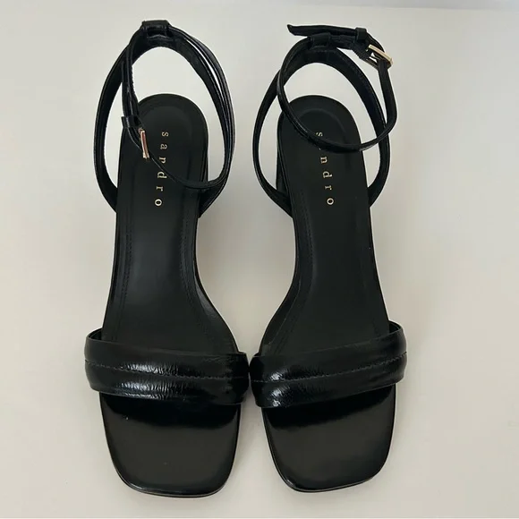 Sandro Lauren Black Leather Strappy Block Heel Sandal Size 37